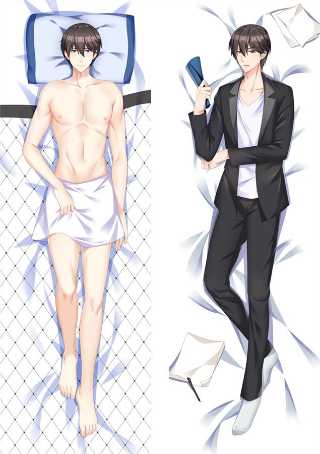 Gentleman aux cheveux bruns, serviette et costume dakimakura